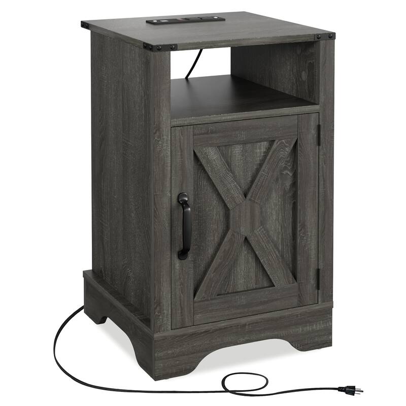Farmhouse Nightstand Side Table, Wooden Rustic End Table, Tall Bedside Table with Electrical Outlets Charging Station