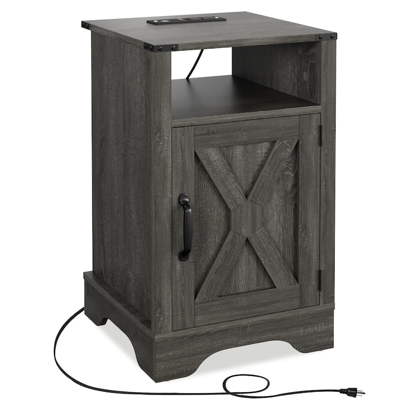 Rustic Farmhouse Nightstand with Charging Station, Dark Gray, Ample Storage