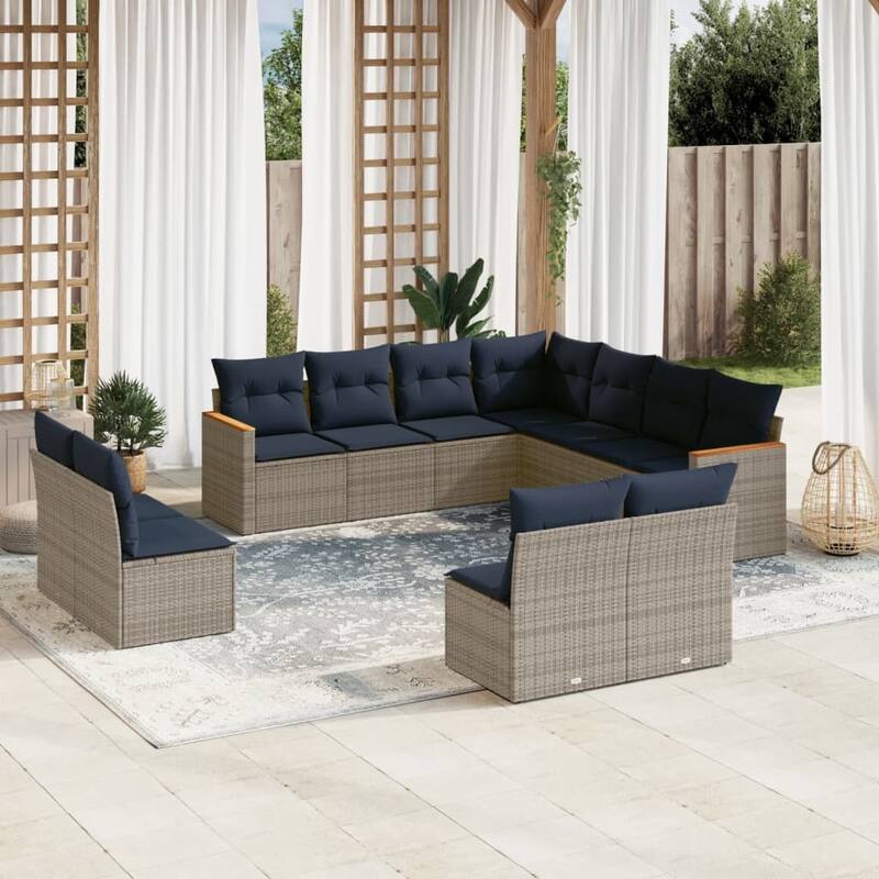 vidaXL Patio Sofa Set with Cushions Outdoor Conversation Furniture Poly Rattan - 24.4x 24.4x 27.2 - Grey and Blue-Without table