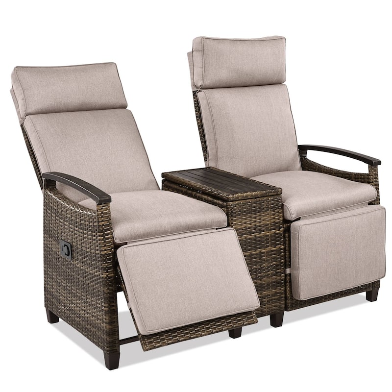Wicker Patio Recliner Chair Set with Cushions and Storage Table