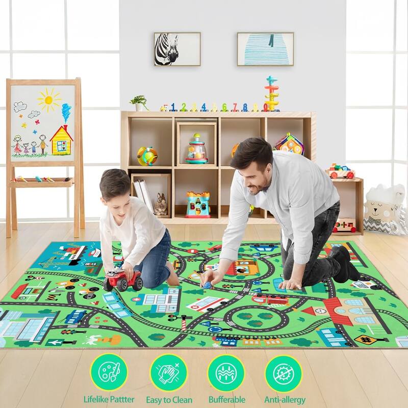 Kids Play Rug, City Road, Vehicle Carpet Playmat Rug, Non Slip Educational Kids Area Rug for Playroom Nursery Toddler Room
