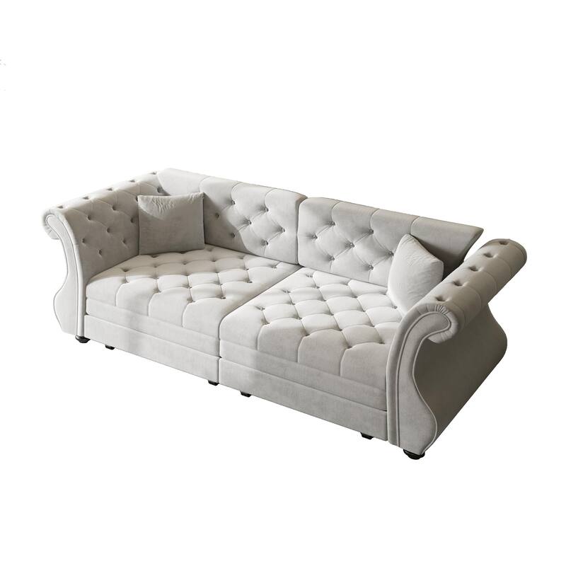 83.8" Chesterfield Velvet Pull-Out Sofa Bed, Classic Roll Arm Sleeper Couch with Elegant Flower Tufting