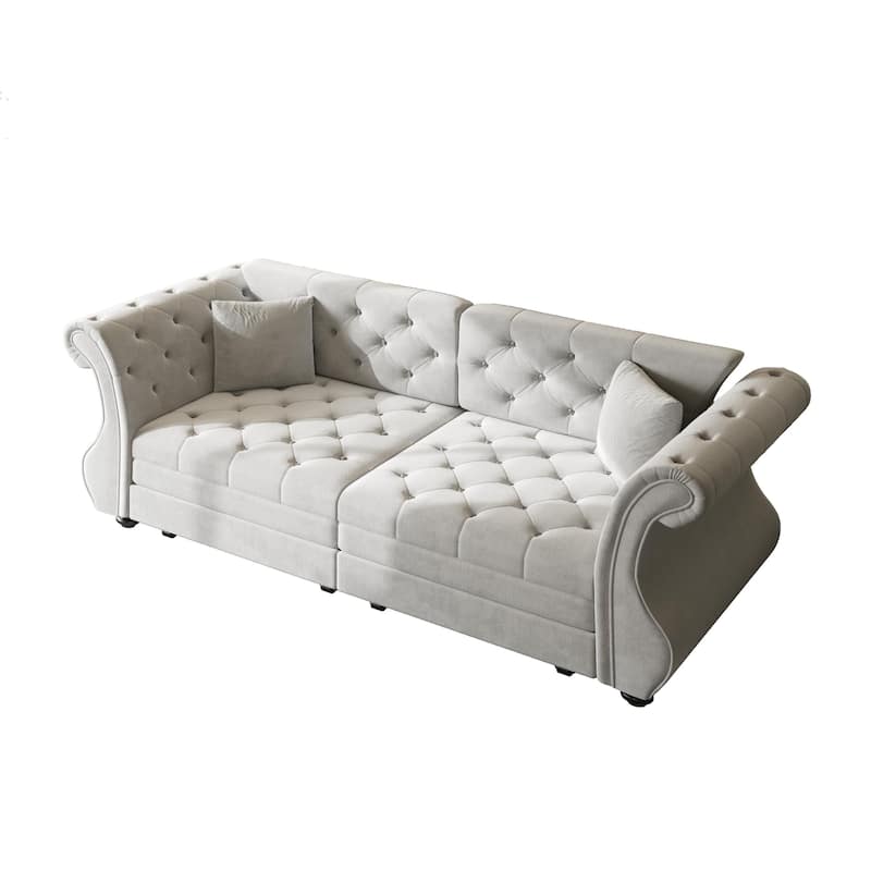 Anmytek Oversized Chesterfield Pull Out Sofa Bed Classic Roll Arm Velvet Couch in Light Grey