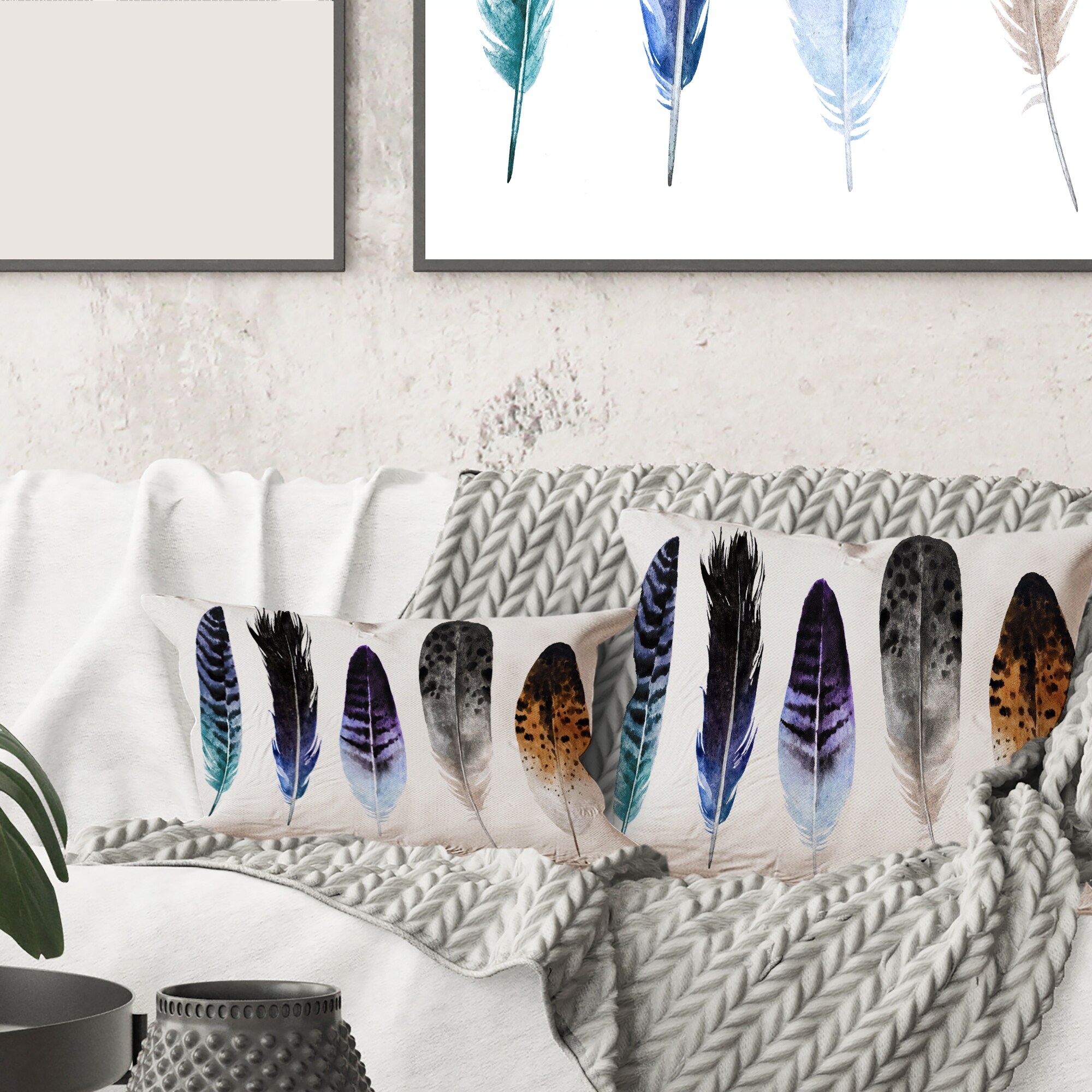 Designart Colourful Boho Feathers II Bohemian Eclectic Printed Throw Pillow