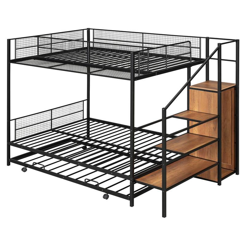 Twin Over Full Bunk Bed with Trundle, Storage Ladder, and Wardrobe, Perfect for Families or Guest Rooms