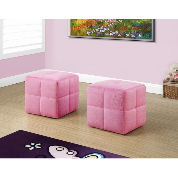 Two 24" Fuzzy Pink Leather, Foam, and Solid Wood Ottomans