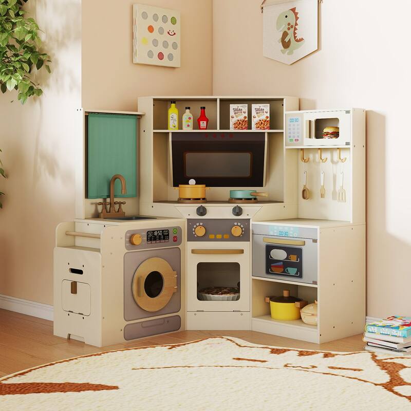 Gymax Corner Kitchen w/ Lights & Sounds Interactive Wooden Playset for