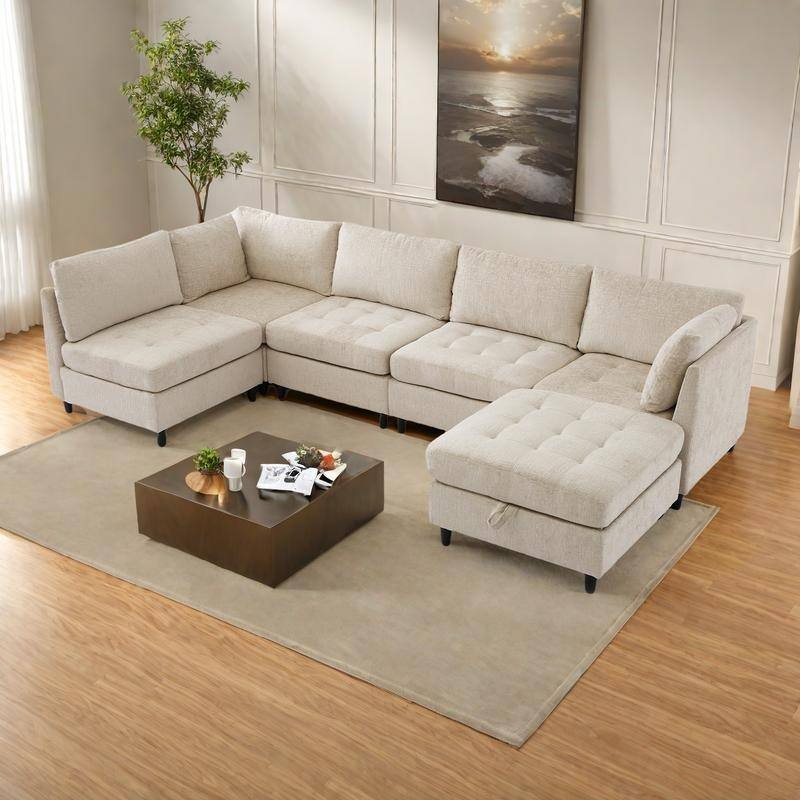128" Chenille U-Shaped Modular Sectional Sofa with Storage Ottoman, Pocket Spring Support, and 6-Seat Configurable Design - Beige