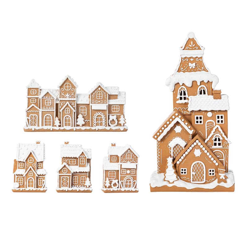 Glitzhome Christmas Resin Gingerbread House Table Decor Village Figurine - 5PK-5.5"H&6.5"H&17.75"H House