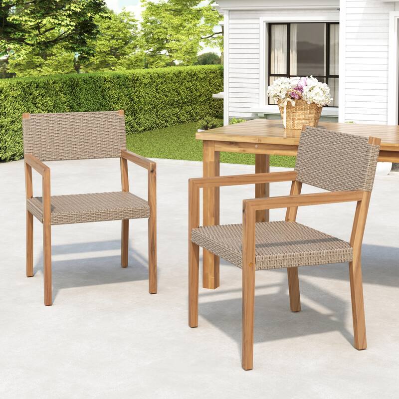 Outdoor 2 Piece Solid Wood Wicker Armrest Dining Chair with Backrest and Easy Clean for Dining Room Kitchen Living Room Terrace