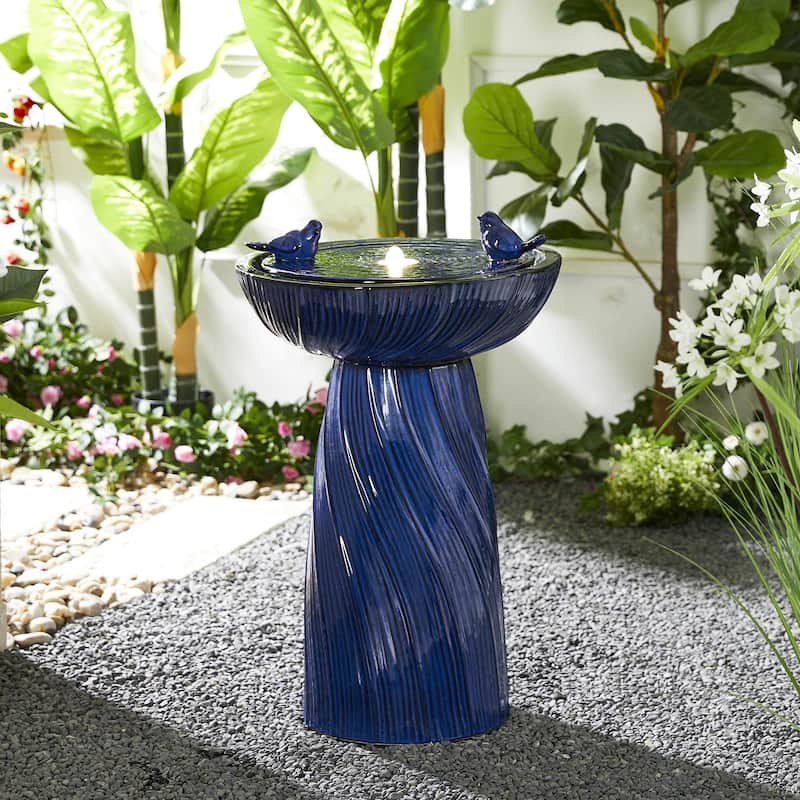 Glitzhome 27.5"H Two Birds Embossed Ceramic LED Birdbath Patio Outdoor Fountain - Blue - 24.75"H