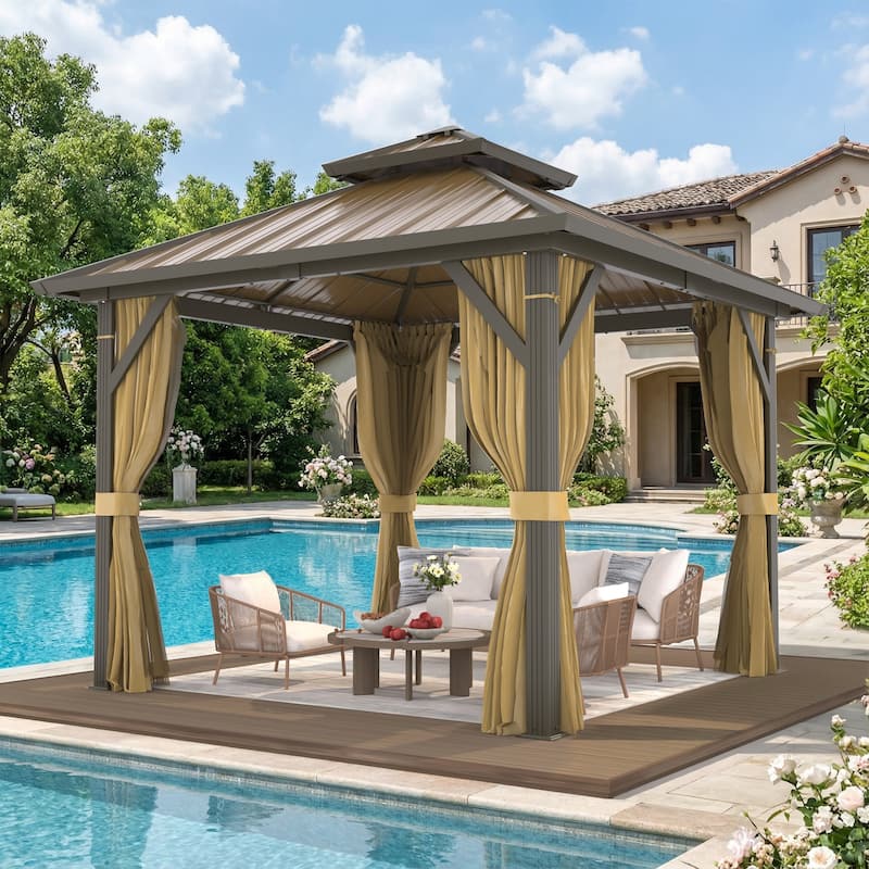 Outdoor Hardtop Gazebo with Galvanized Steel Double Roof & Aluminum Frame, Outdoor pergola with Premium Curtains and Nettings