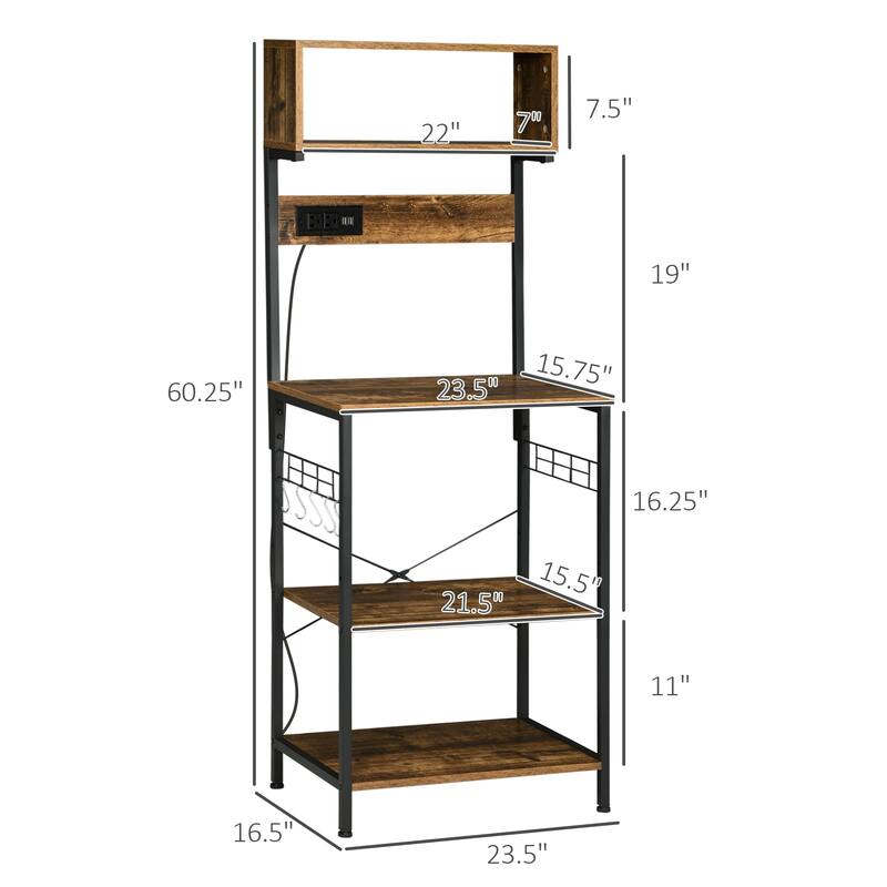 Kitchen Bakers Rack with Power Outlet, USB Charger, Microwave Stand, Coffee Bar with Adjustable Shelves