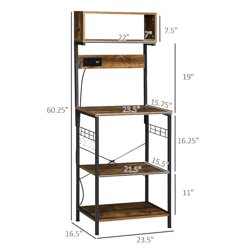 Rustic Brown Adjustable Shelves Baker’s Storage Rack with AC Power Outlets and Hooks - 23.5" W x 16.5" D x 60.25" H