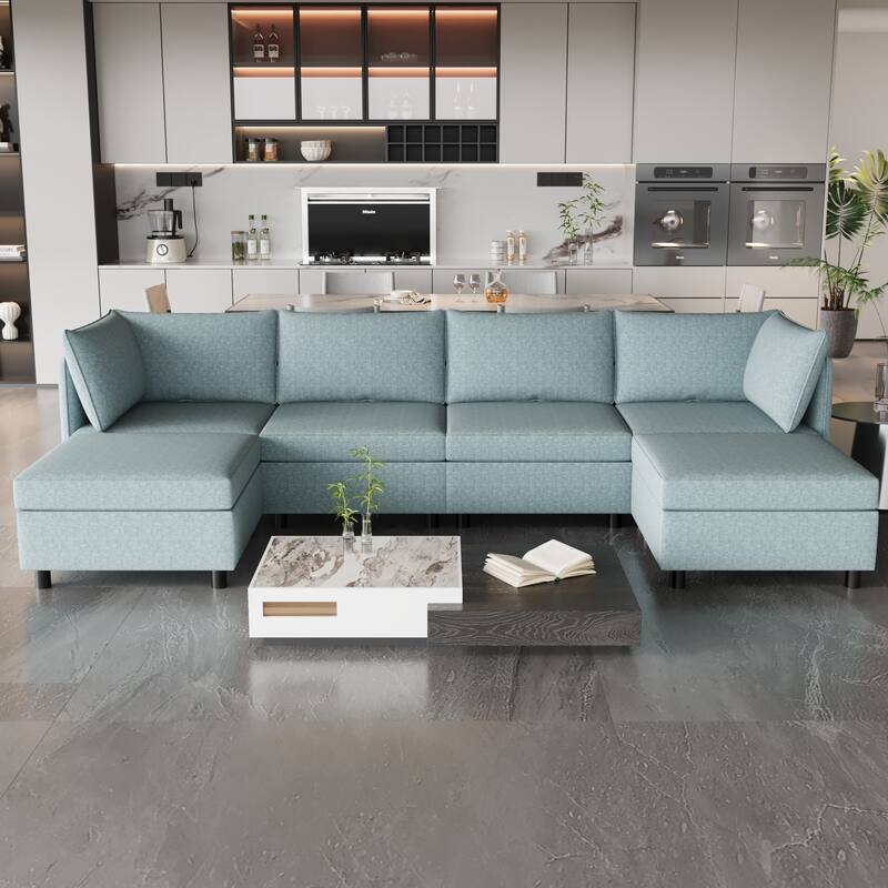 Blue 68'' L-Shaped 6-Seater Sofa with Storage and Ottoman