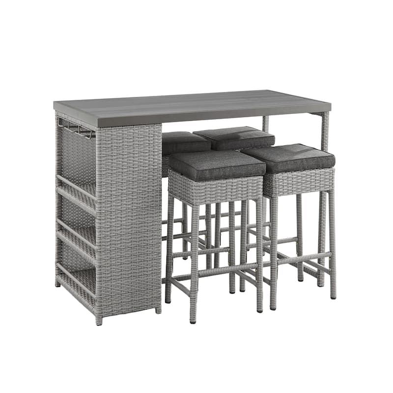 Corvus Kabul 5-piece Outdoor Bar Set with Cushioned Stools and Storage Shelf - Grey/Black Cushion