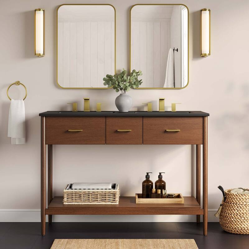 Zaire 18"/24"/30"/36"/48" Bathroom Vanity with Black Sink Top - 48" Double - Walnut