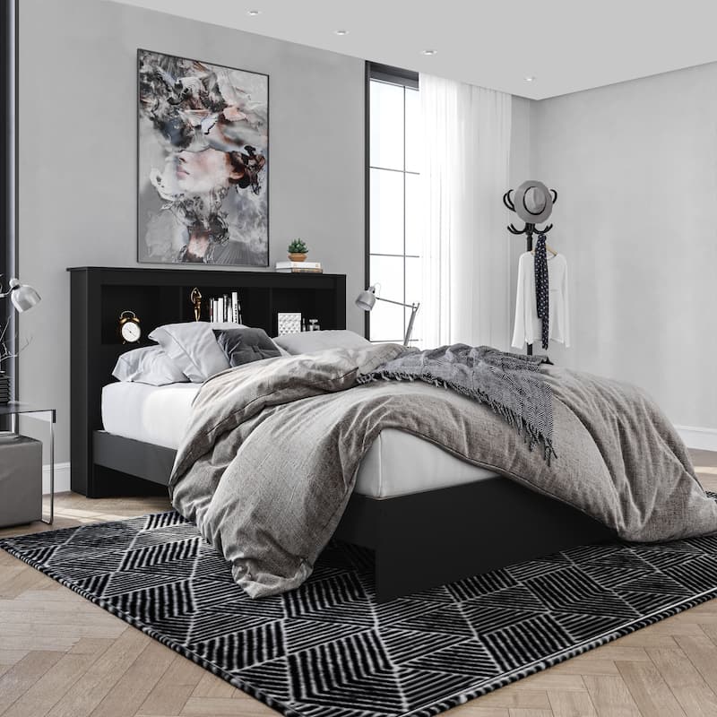 Polifurniture Madison Platform Bed with Bookcase Headboard - Black - Queen