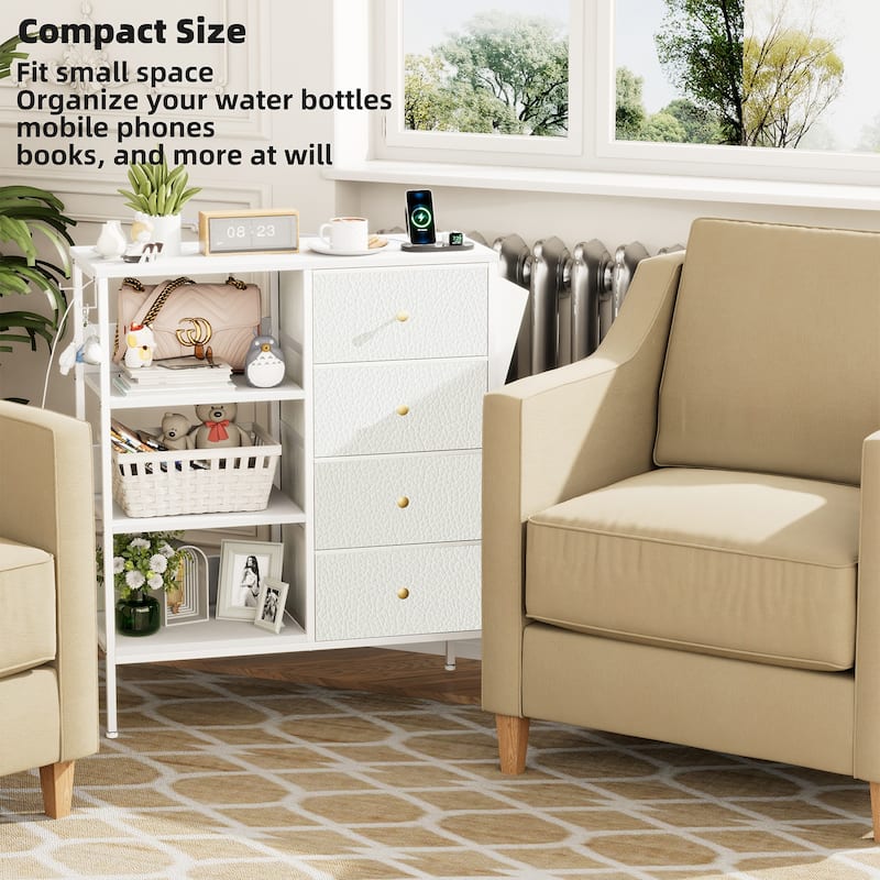 White Storage Cabinet with 4 Drawers, 3 Open Shelves & Built - in Power Outlets