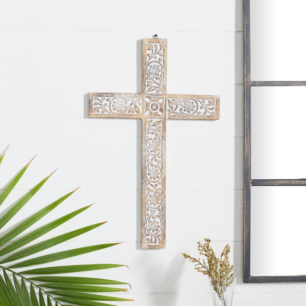 Brown Mango Wood Carved Cross Biblical Home Wall Decor - 15 x 1 x 24