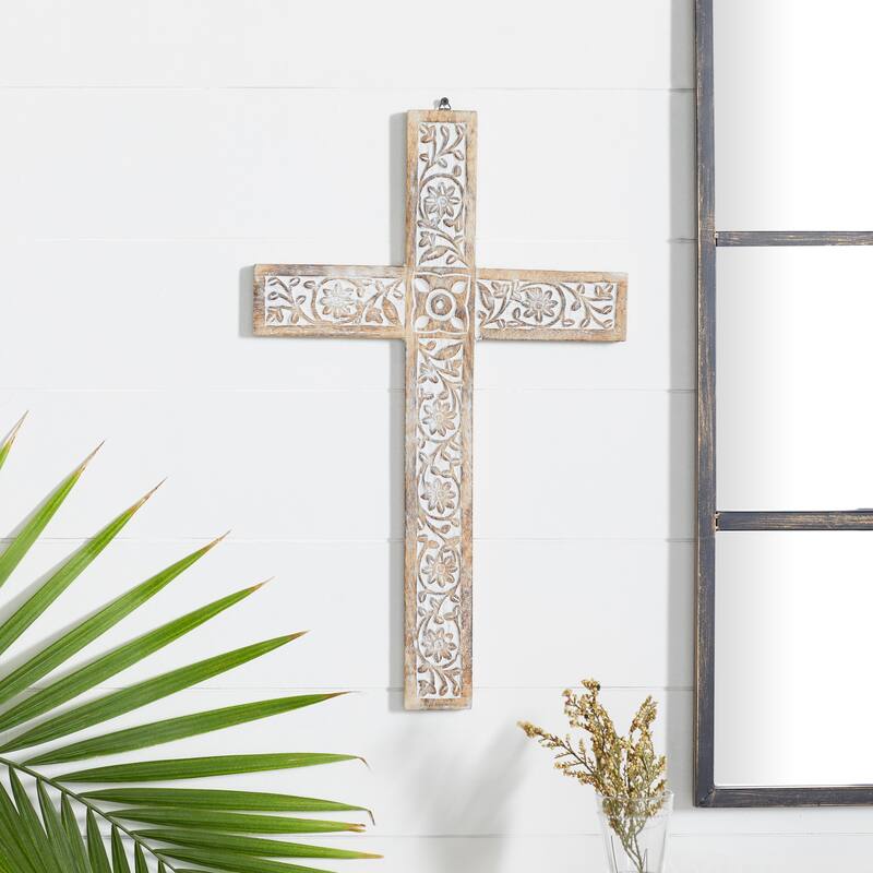 Brown Mango Wood Carved Cross Biblical Home Wall Decor - 15 x 1 x 24
