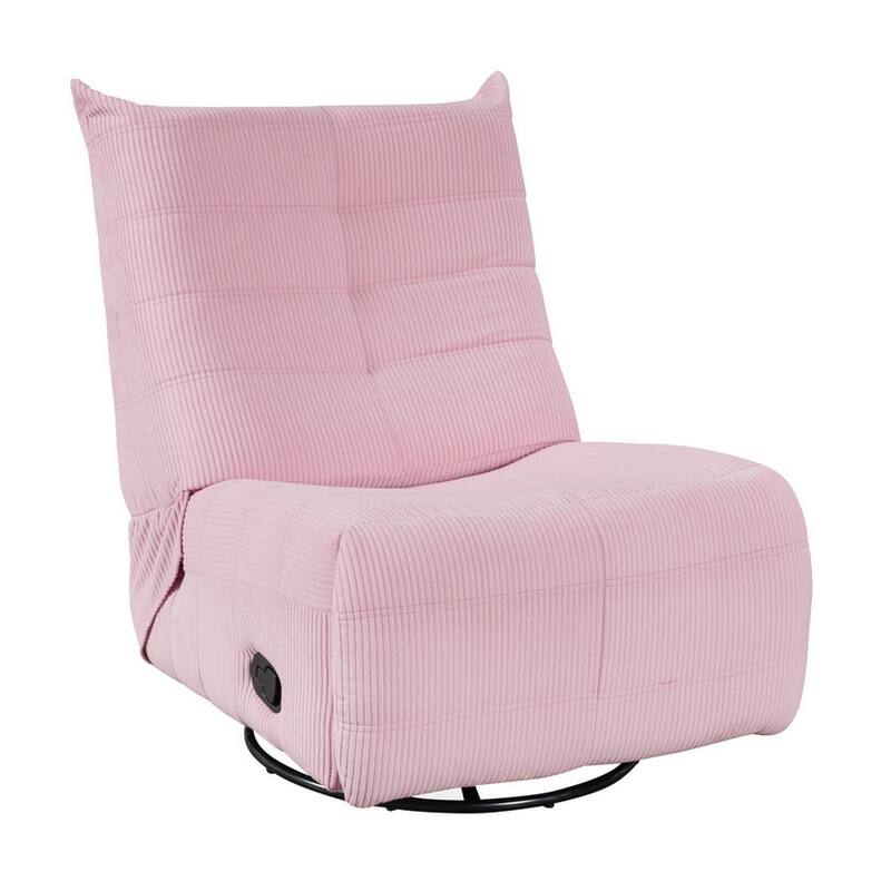 Gea 35 Inch Swivel Recliner Chair, Tufted, Pink Corduroy, Solid Wood