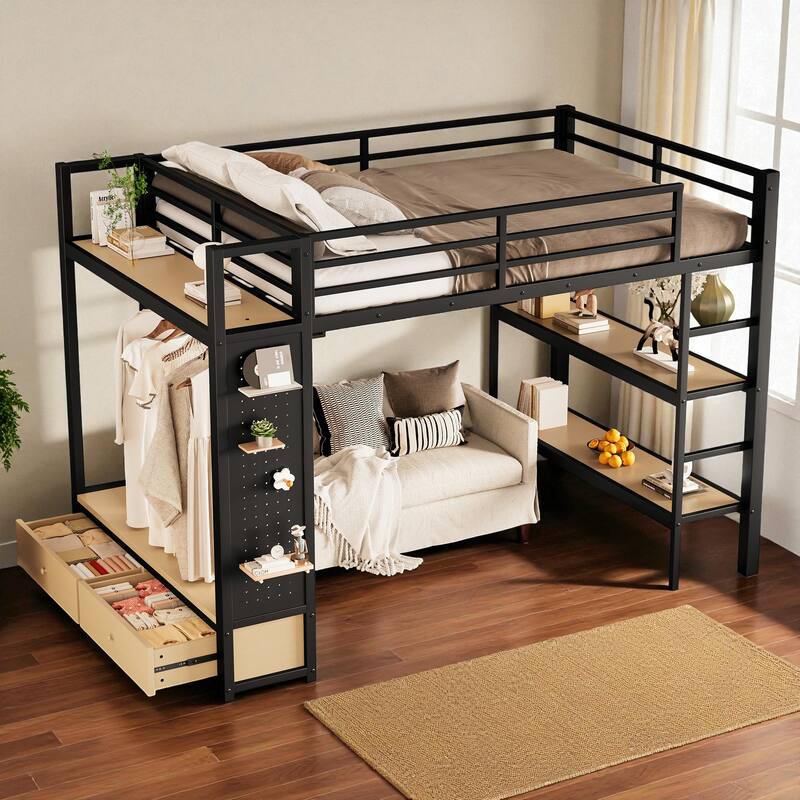 Full/Queen Size Metal Loft Bed with Wardrobe, Shelves & Pegboard, Space-Saving Bed Frame with Storage & Guardrails