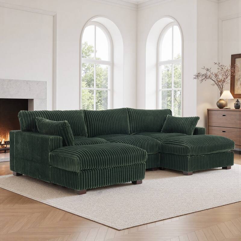 Plush Corduroy Upholstered Modular Sectional Sofa with Chaise - Symmetrical - Green-3 Pieces with 2 Chaise