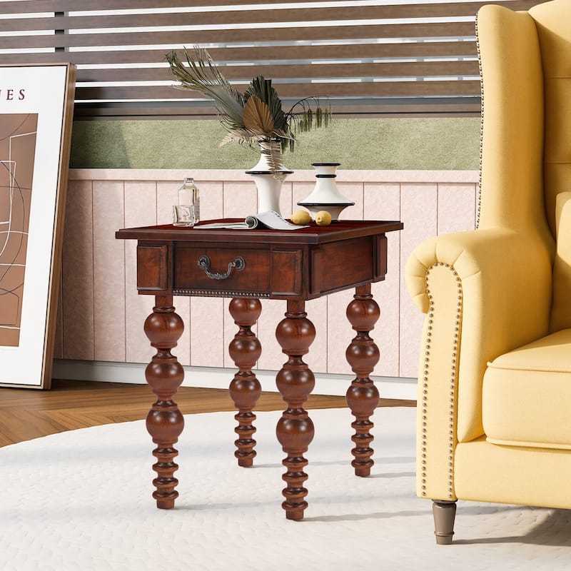 Solid Wood End Table with Drawer, Easy Assembly Vintage Narrow Sofa Side Table for Living Room