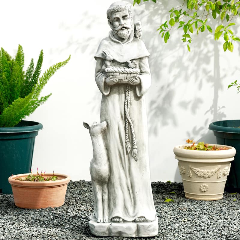 Glitzhome Vintage MgO Saint Francis Garden Statue Sculpture with Birdfeeder Feeding Animals