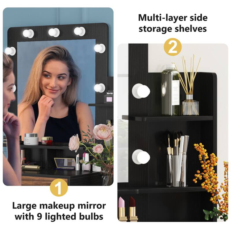 Vintage Vanity Table with Lighted Mirror and 3-Drawer Chest