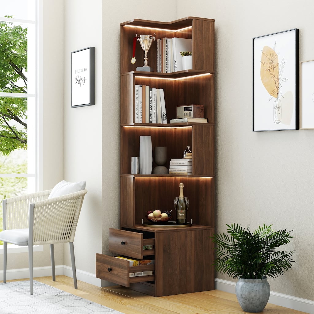 Corner Bookshelf With Drawers,4-Tier Corner Bookcase With Baffle, Freestanding L Shaped Display Shelf Stand With LED Lights