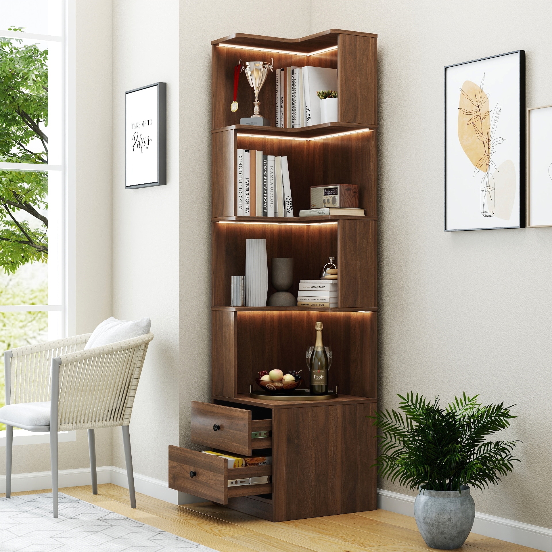 Corner Bookshelf With Drawers,4-Tier Corner Bookcase With Baffle, Freestanding L Shaped Display Shelf Stand With LED Lights