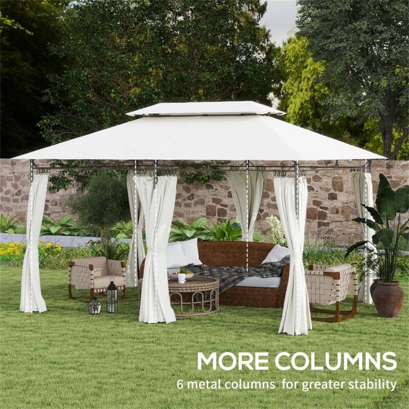 Large Metal Deck Gazebo with Two-Tier Roof and Removable Curtains Water-Drain Design for 12-Person