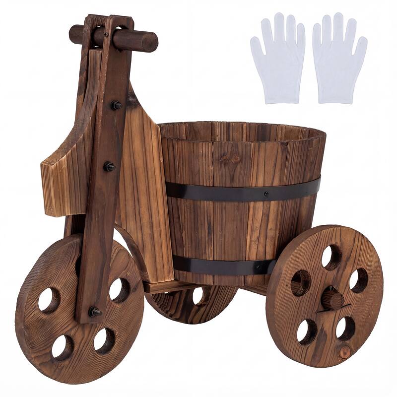 Gymax Rustic Wood Tricycle Planter w/Barrel Pot & Drainage for Patio