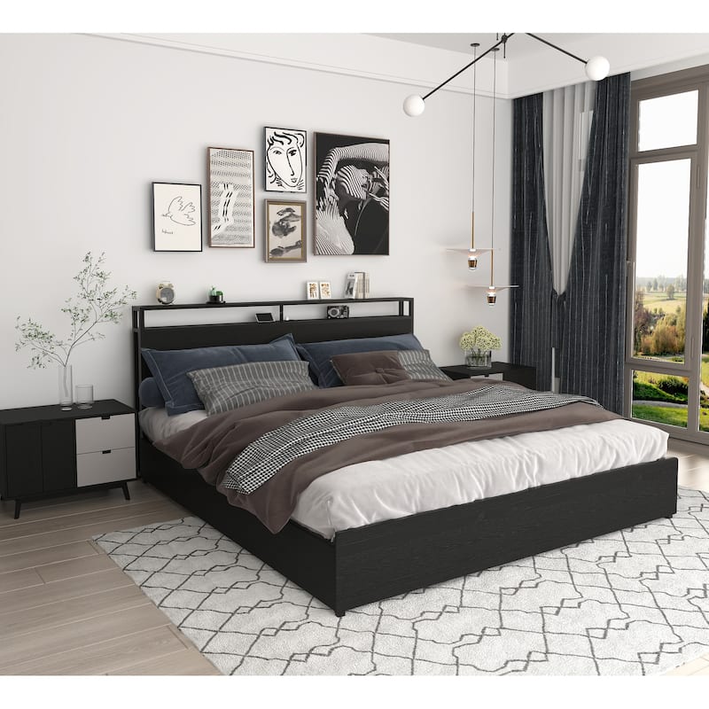 King Size Practical Storage Bed with 4 Drawers, Heavy Duty Metal Platform Bed Frame, LED Storage Headboard with Charging Station