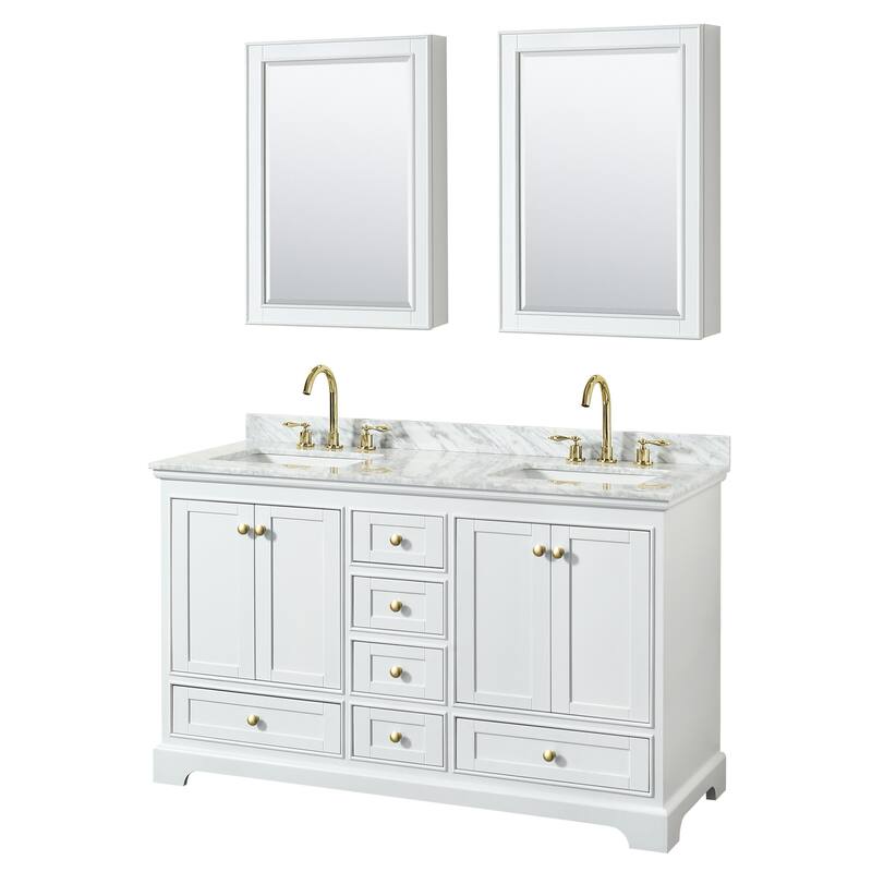 Wyndham Collection Deborah 60" Free Standing Double Vanity Set with - White / White Carrara Marble Top / Brushed Gold - Painted
