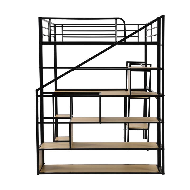 Full Size Metal Loft Bed with Staircase, Built-in Desk, and Shelves in Black