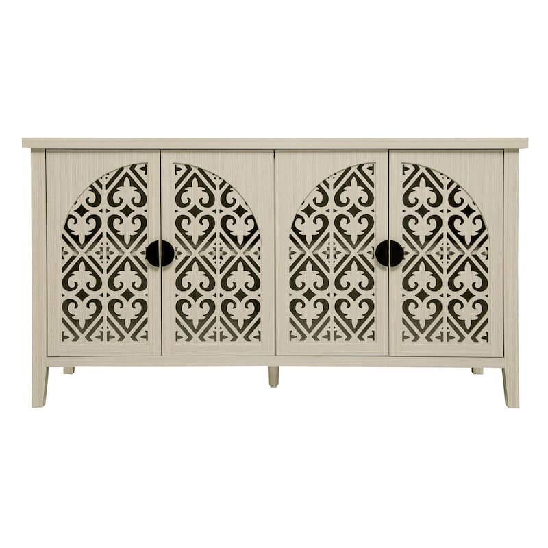 Symmetrical Carved Buffet, Storage Cabinet with Adjustable Shelves, Hollowed-out Accent Cabinet with Wood Feet