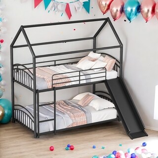 Twin Over Twin Metal Bunk Bed with Slide, House Design for Kids,Black, Convertible to Two Beds