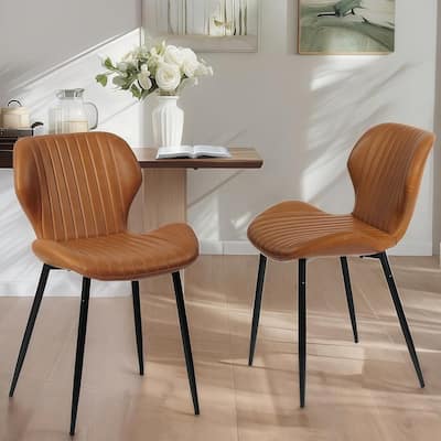 Mid Century Modern Upholstered PU-Dining Chairs with Metal Legs, , Set of 2, Brown