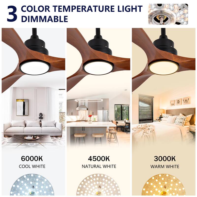 52" Wood Ceiling Fans with Lights and Remote Control, Reversible DC Motor
