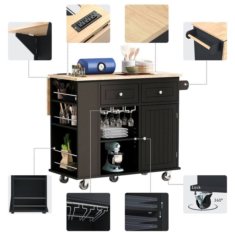 47" Modern Kitchen Cart with Electrical Outlet, Rubberwood Kitchen Island with Drop Leaf and Adjustable Storage Cabinet