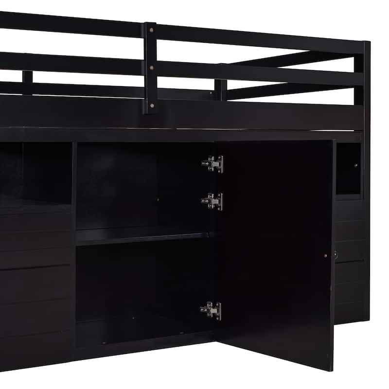 Espresso Twin Size Solid Wood Loft Bed with 4 Drawers, Underneath Cabinet and Shelves