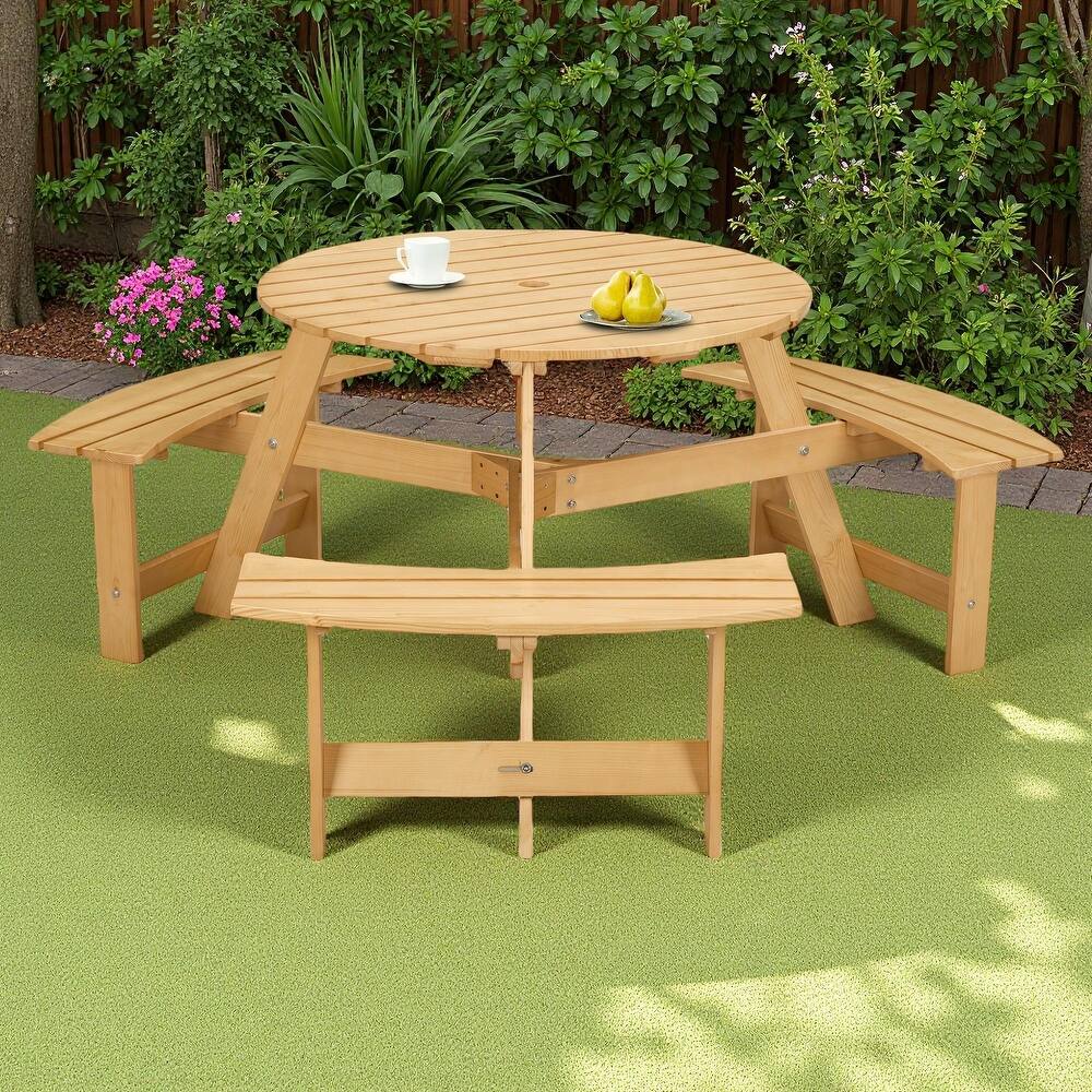 6-Person Outdoor Patio Wooden Round Picnic Table with 3 Built-in Benches and Umbrella Hole