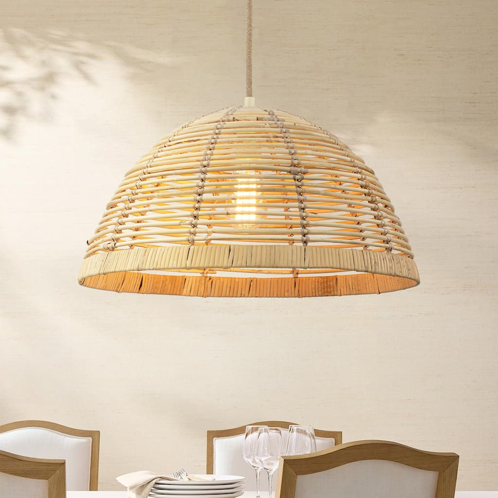 1-Light Farmhouse Rustic Dome Rattan Pendant Light for Kitchen Island - 19.4 in. W x 11 in. H