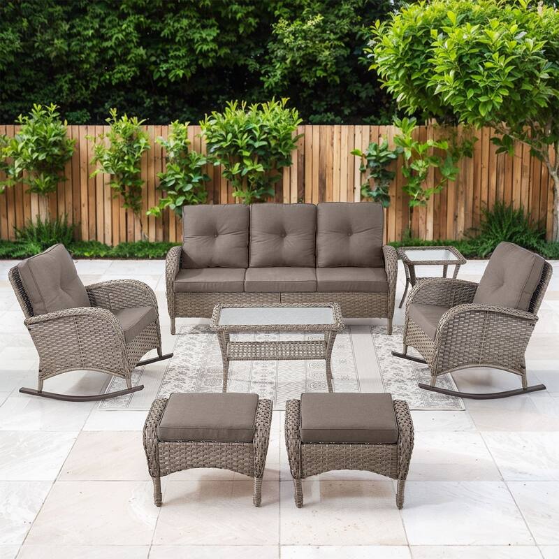 Gymojoy 7-Piece Outdoor Wicker Patio Furniture with 3 Seat Sofa, Rattan Coversation Set with Water Resistant Cushions - Grey Wicker / Grey Cusion - 7-Piece