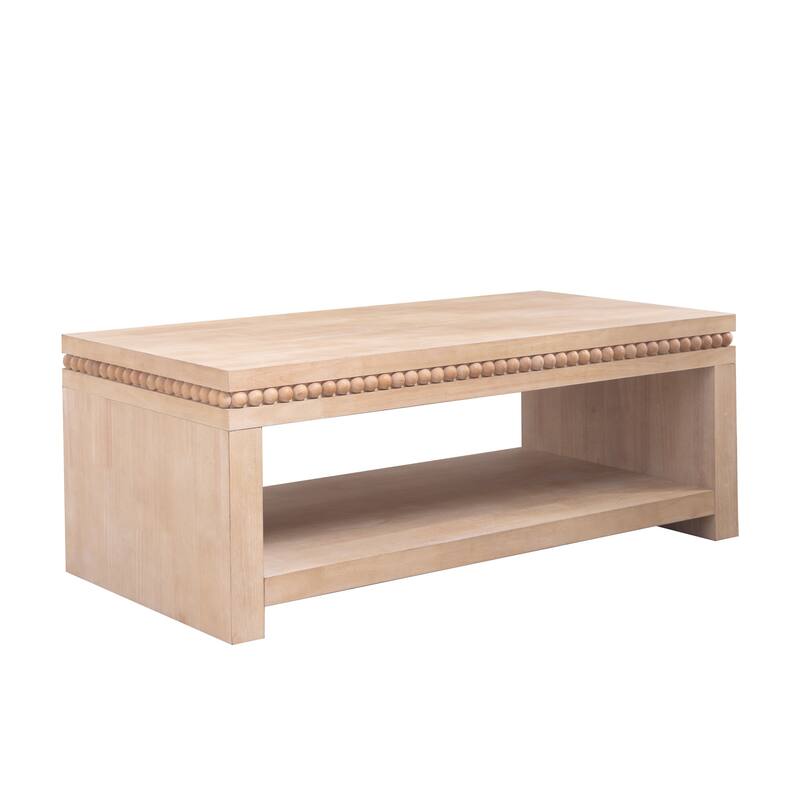 Modern Coffee Table End Table with Beaded Trim, Wood Accent Table Dining Table Centerpiece with Open Shelf Storage