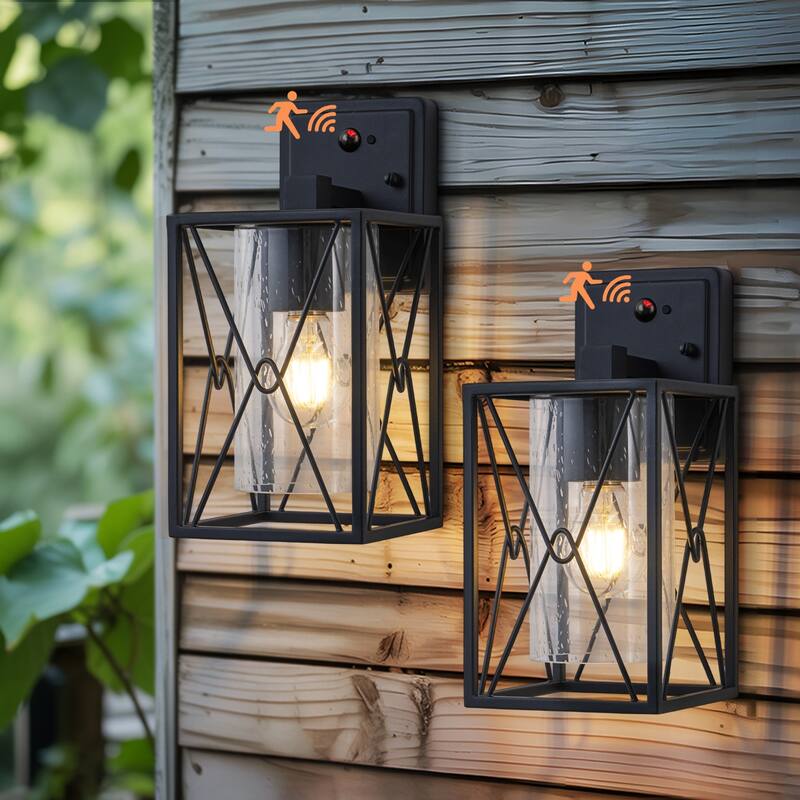 Motion Sensor Outdoor Wall Lanterns with Seeded Glass, Set of 2 - Black - Black