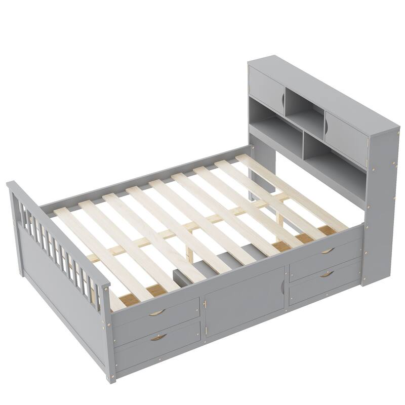 Full Size Wood Platform Bed with Storage Bookcases and Shelves,Drawers